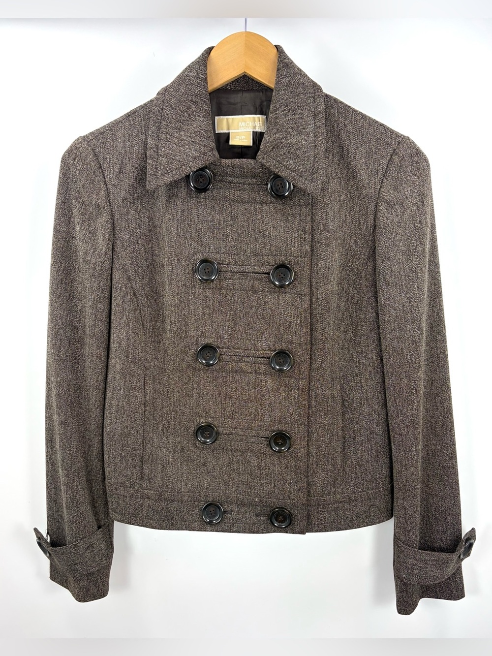 MICHAEL Michael Kors Womens Petite S Brown Herringbone Cropped Double Breasted